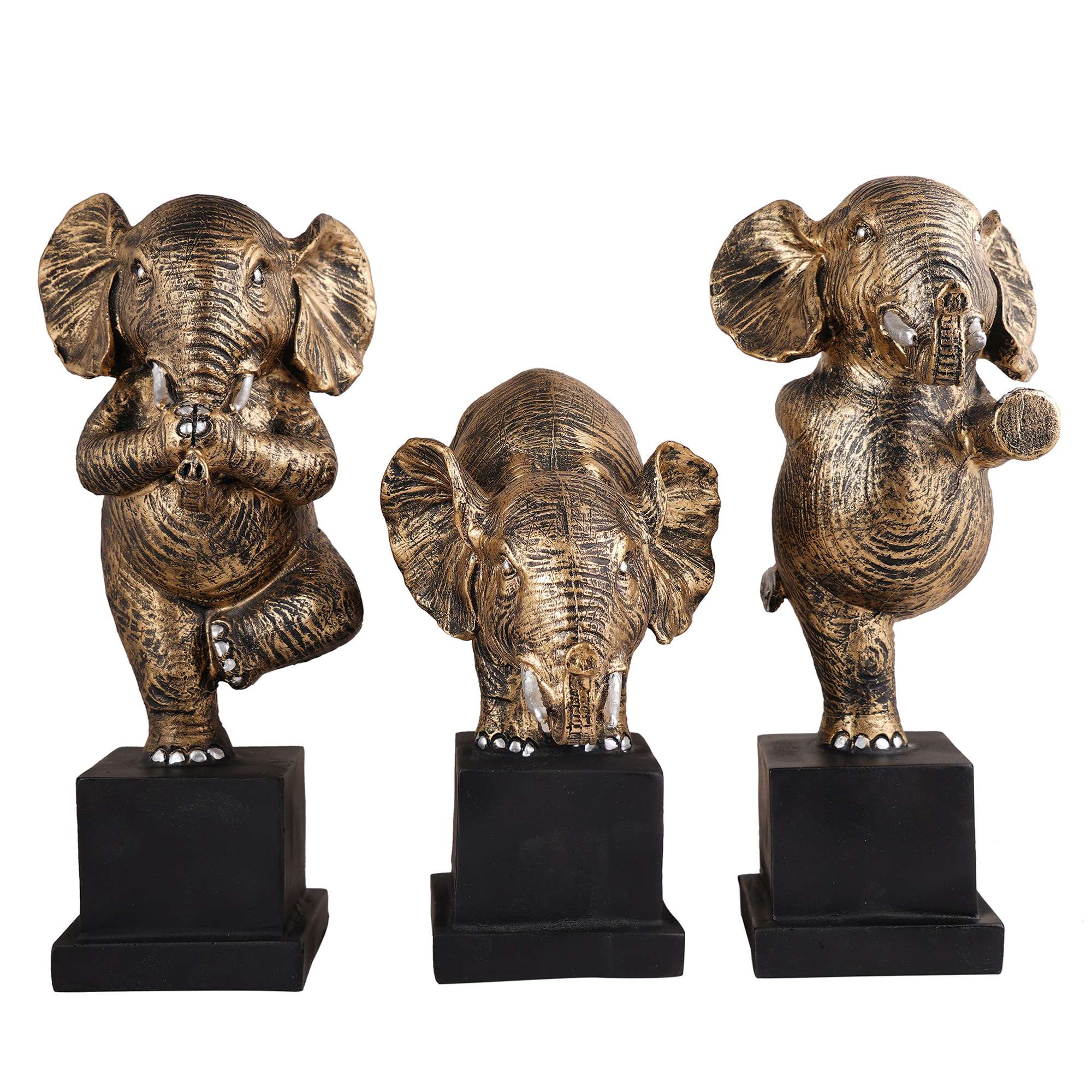 Polyresin Elephant Showpiece Statue and Artifacts for Home Decor, Living Room, Table Decoration for Gifting, Interiors and Diwali Decoration Golden (Set Of 3)