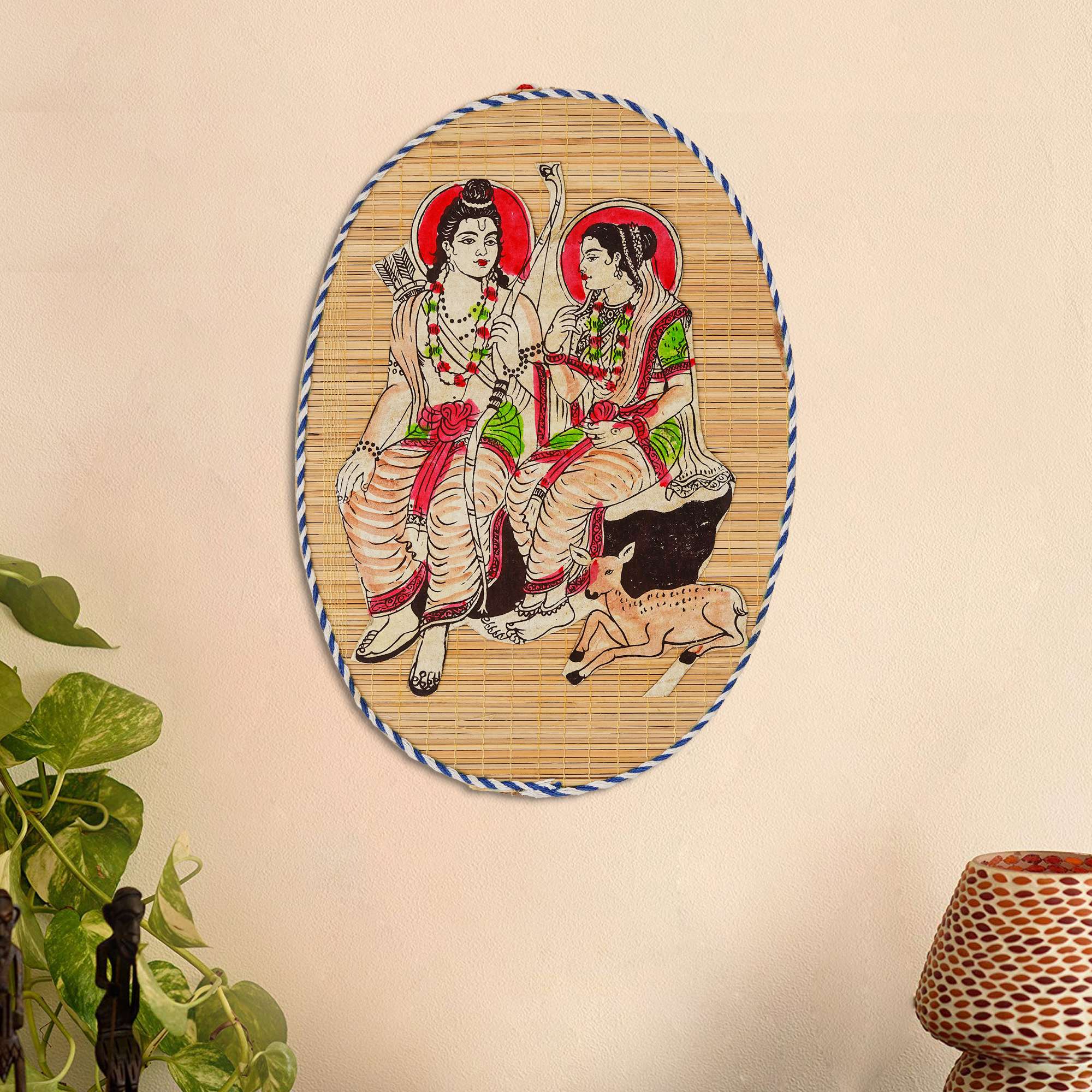 Oval Shaped Design Bamboo Hand Crafted Wall Hangings Of Shri Ram Ji With Janaki Ji For Home Decor | Bamboo Art For Wall Decor