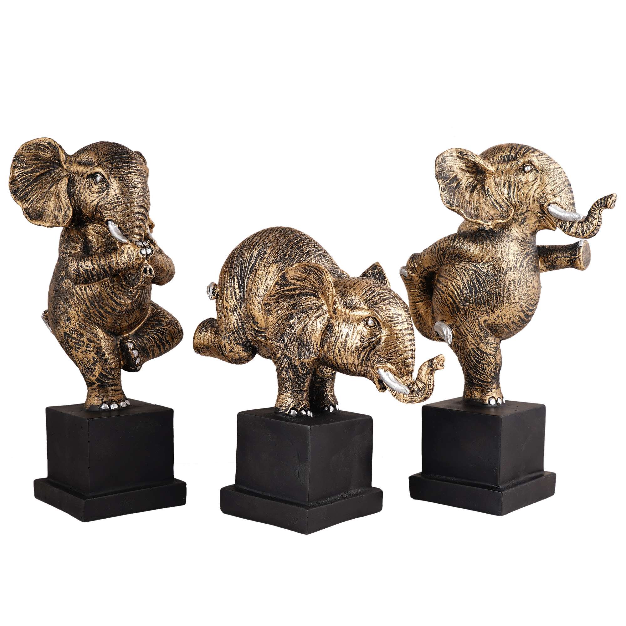 Polyresin Elephant Showpiece Statue and Artifacts for Home Decor, Living Room, Table Decoration for Gifting, Interiors and Diwali Decoration Golden (Set Of 3)