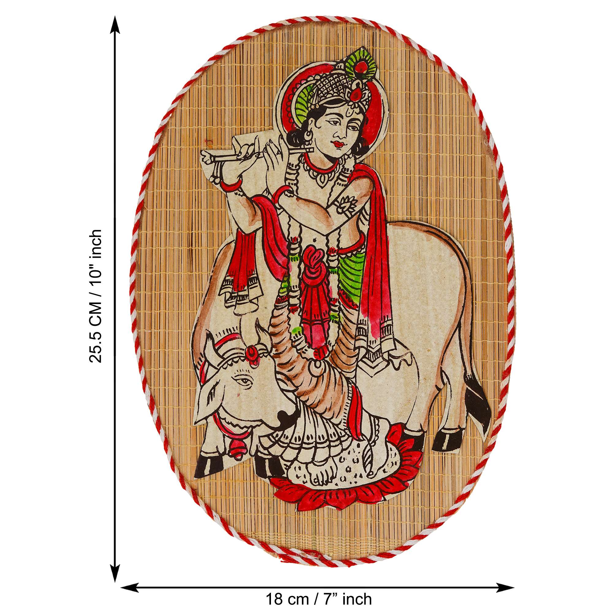 Oval Shaped Design Bamboo Hand Crafted Wall Hangings Of Krishna Ji With Holy Cow For Home Decor | Bamboo Art For Wall Decor