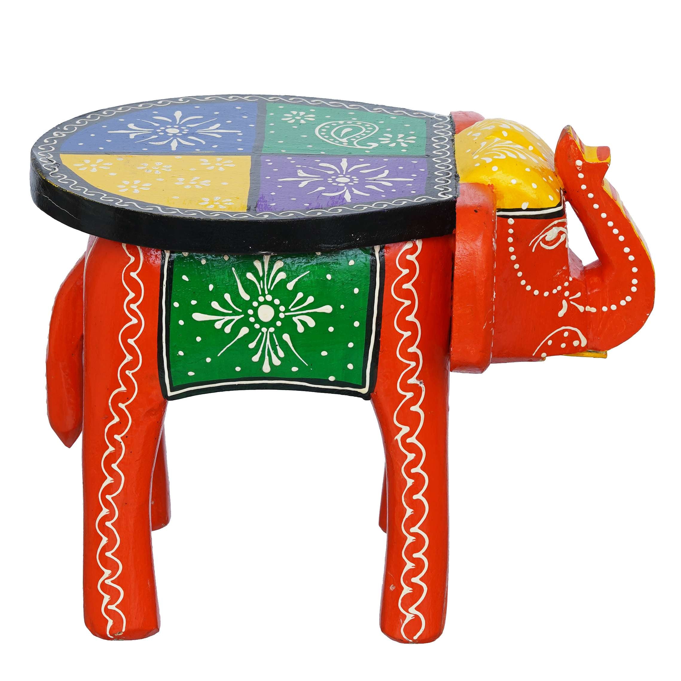 Handcrafted and Emboss Painted Colorful Wooden Elephant Shape Stool Table Clourfull