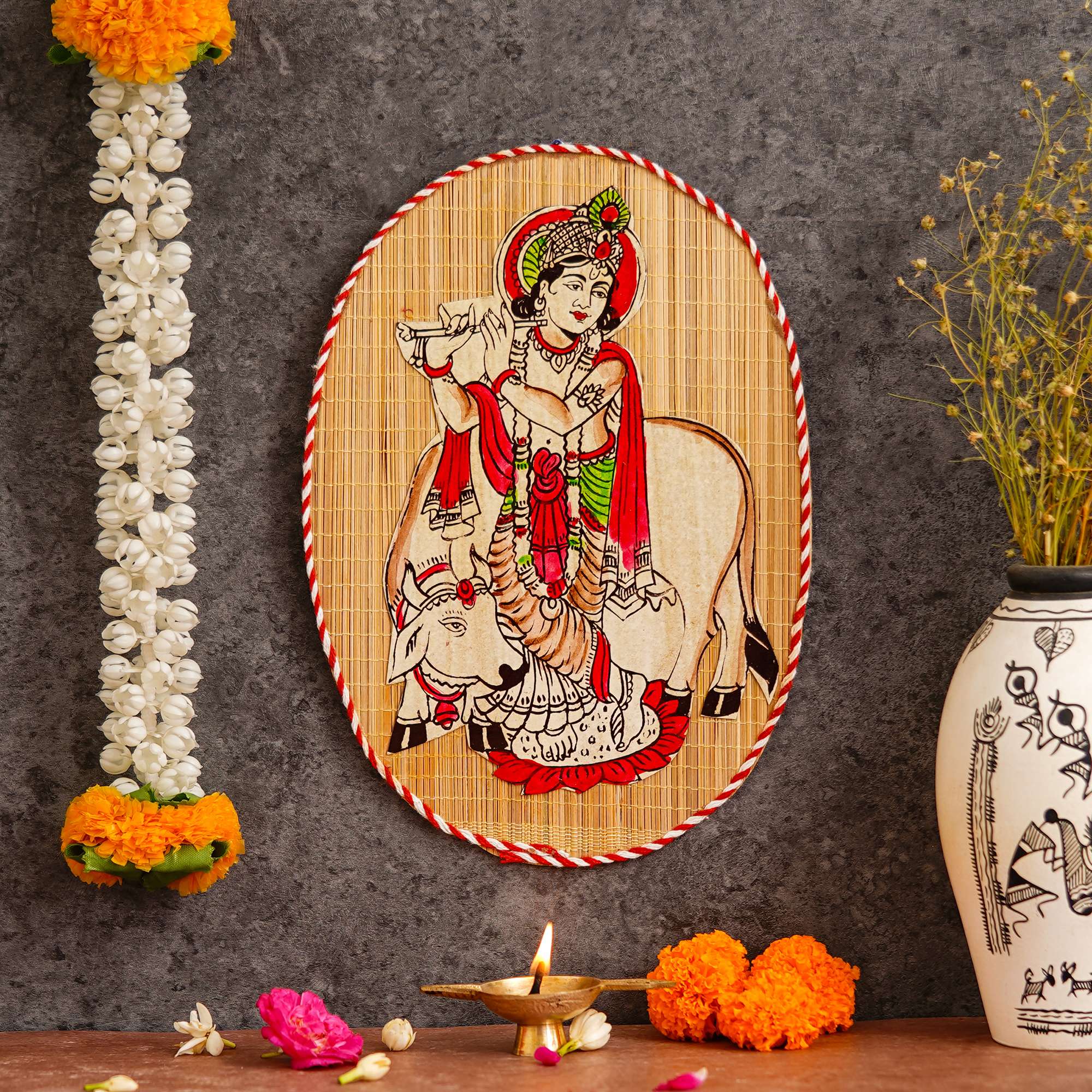 Oval Shaped Design Bamboo Hand Crafted Wall Hangings Of Krishna Ji With Holy Cow For Home Decor | Bamboo Art For Wall Decor