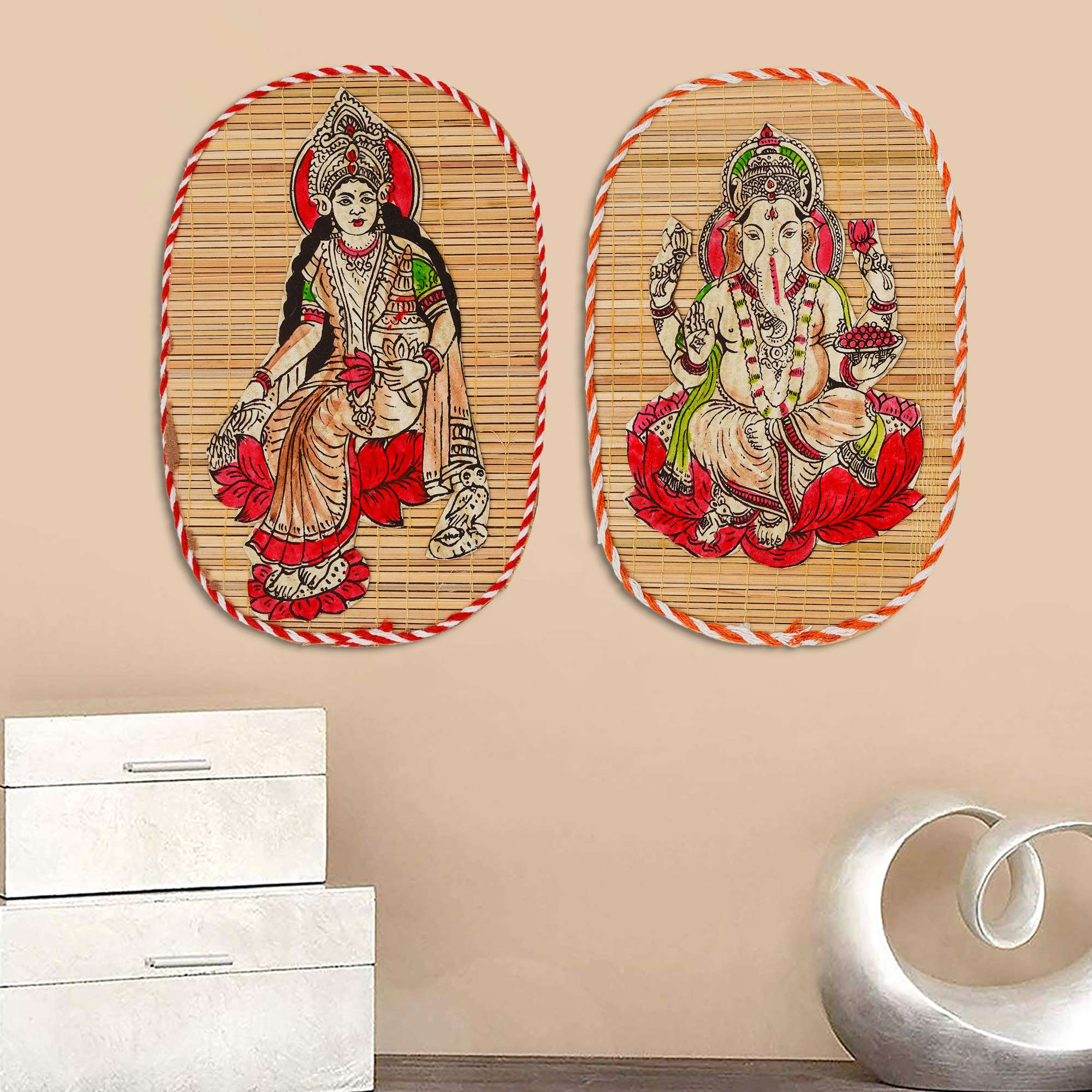 Bamboo Hand Crafted Wall Hangings Of Ganesh Ji And Laxmi Ji For Home Decor