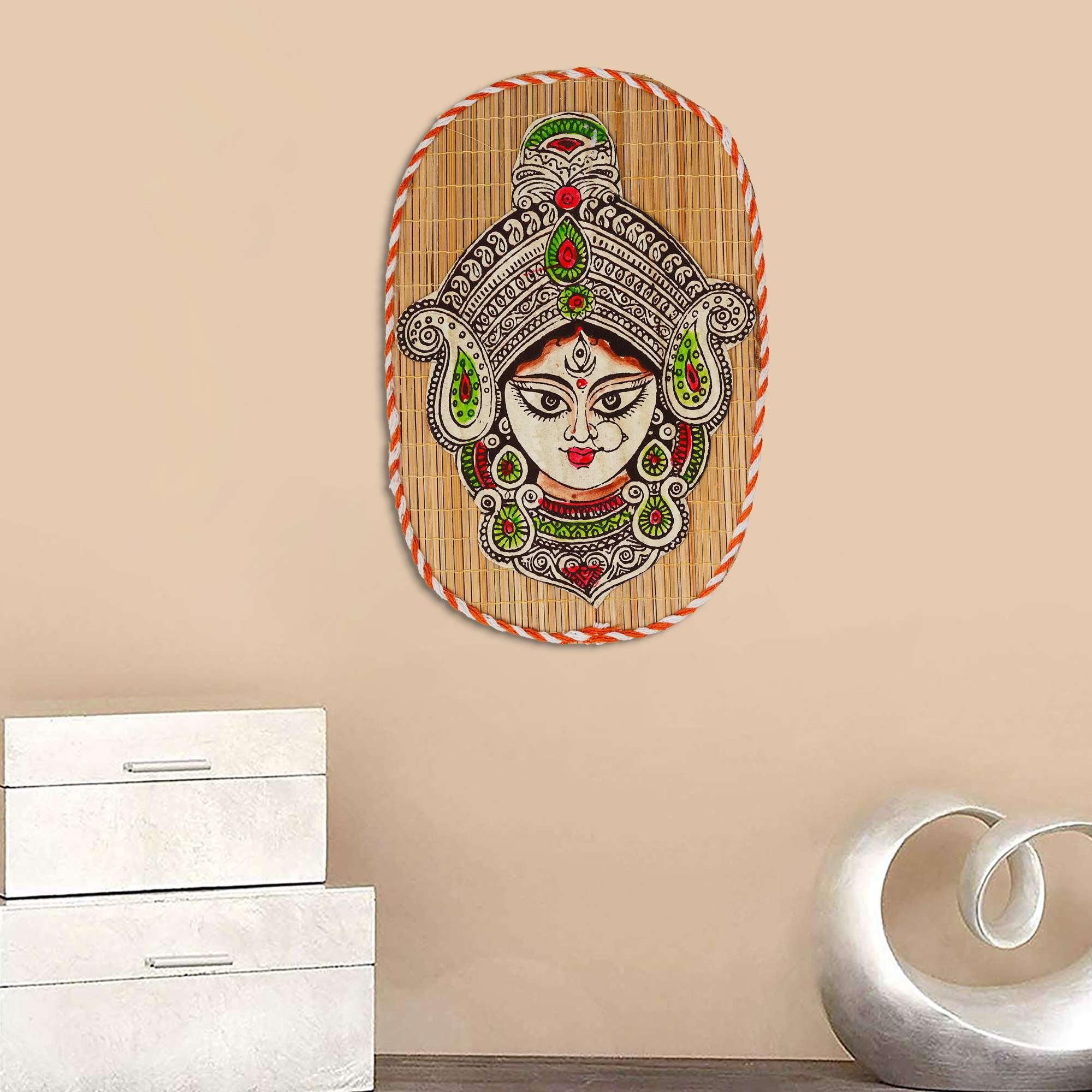 Oval Shaped Design Bamboo Hand Crafted Wall Hangings Durga Ji  For Home Decor | Bamboo Art For Wall Decor