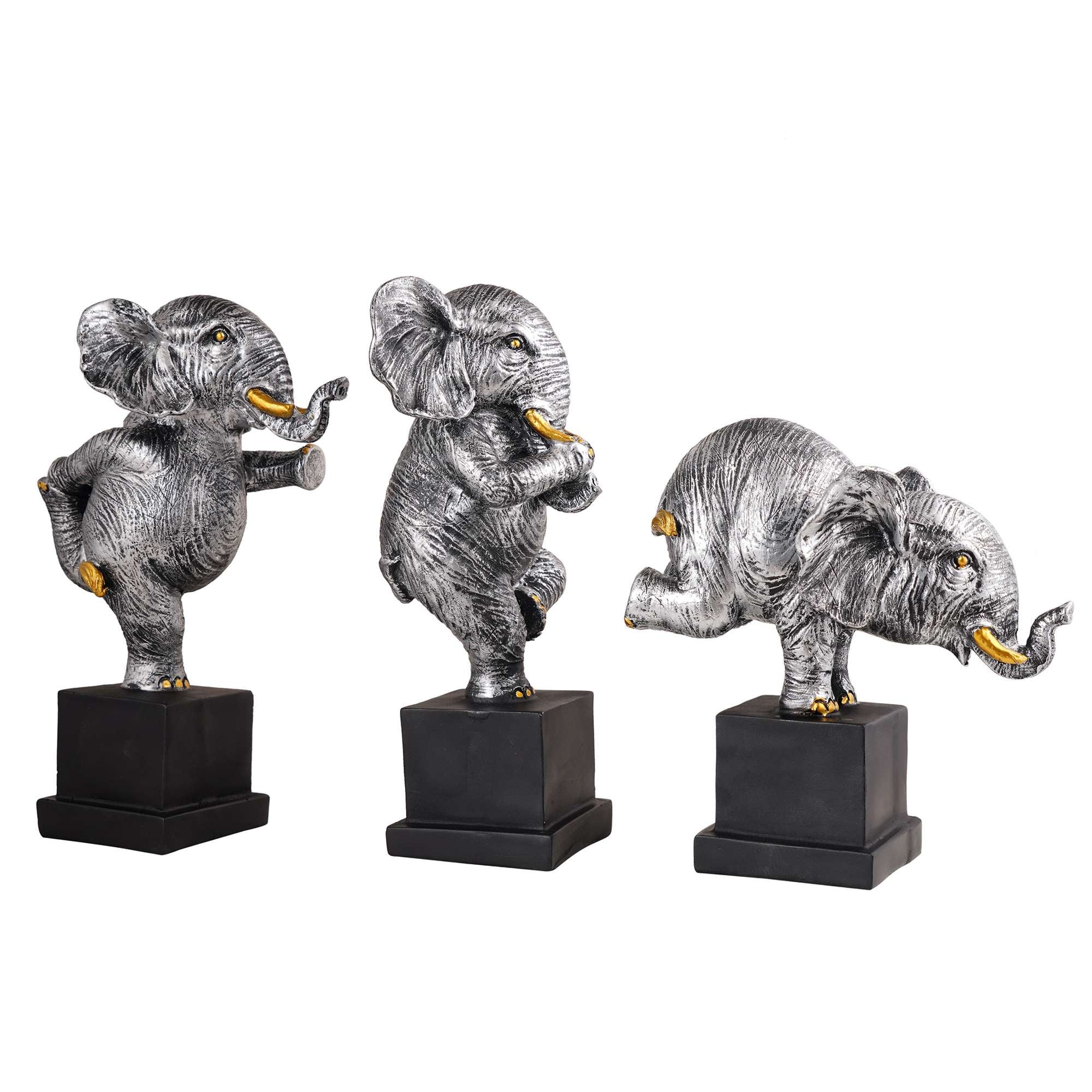 Polyresin Elephant Showpiece Statue and Artifacts for Home Decor, Living Room, Table Decoration for Gifting, Interiors and Diwali Decoration Silver (Set Of 3)