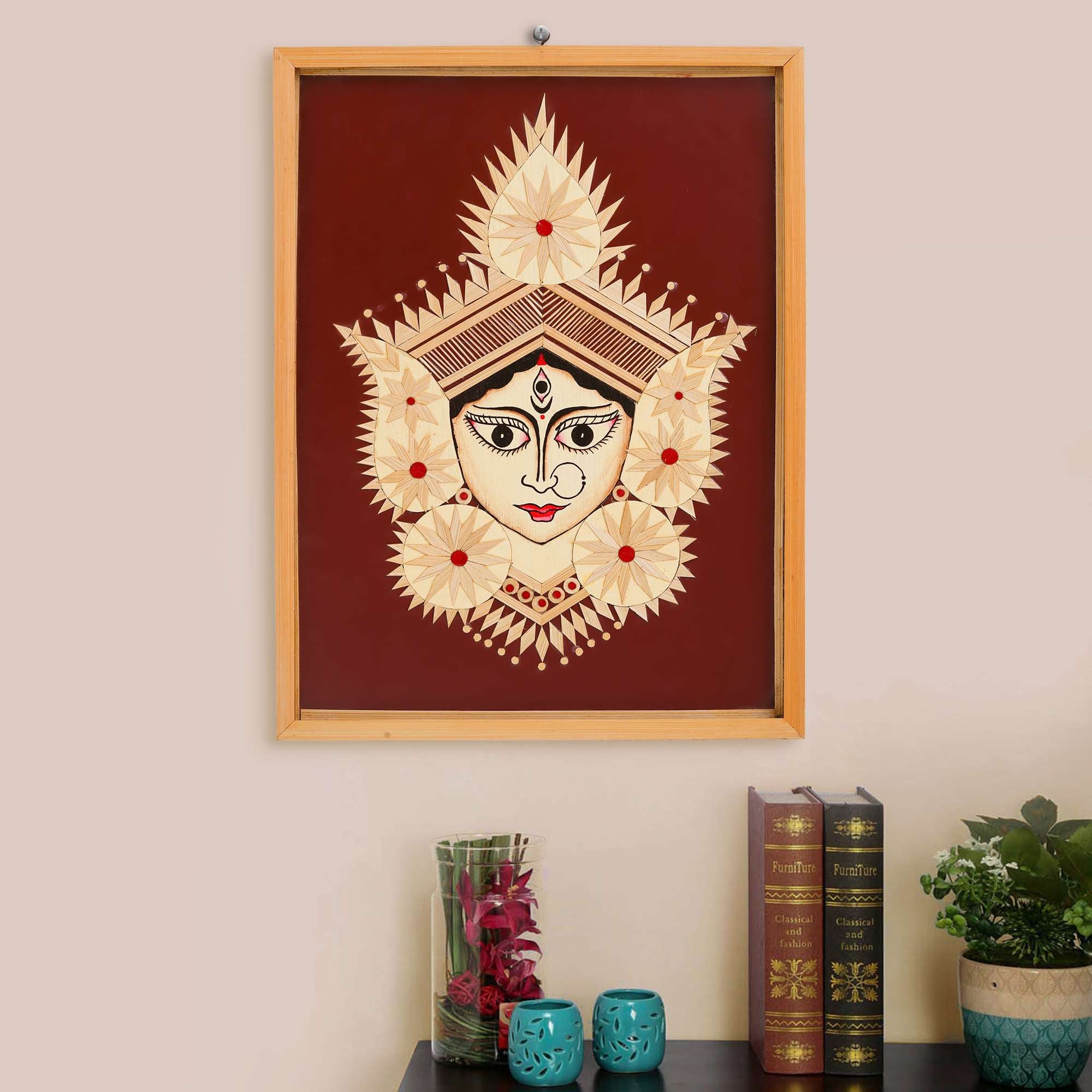 Bamboo Hand Crafted Framed Wall Hangings Of Durga Ji For Home Decor | Bamboo Framed Art For Wall Decor