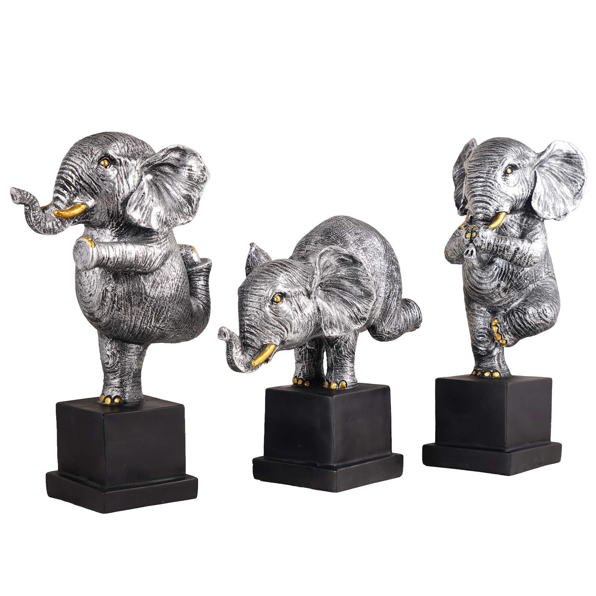 Polyresin Elephant Showpiece Statue and Artifacts for Home Decor, Living Room, Table Decoration for Gifting, Interiors and Diwali Decoration Silver (Set Of 3)