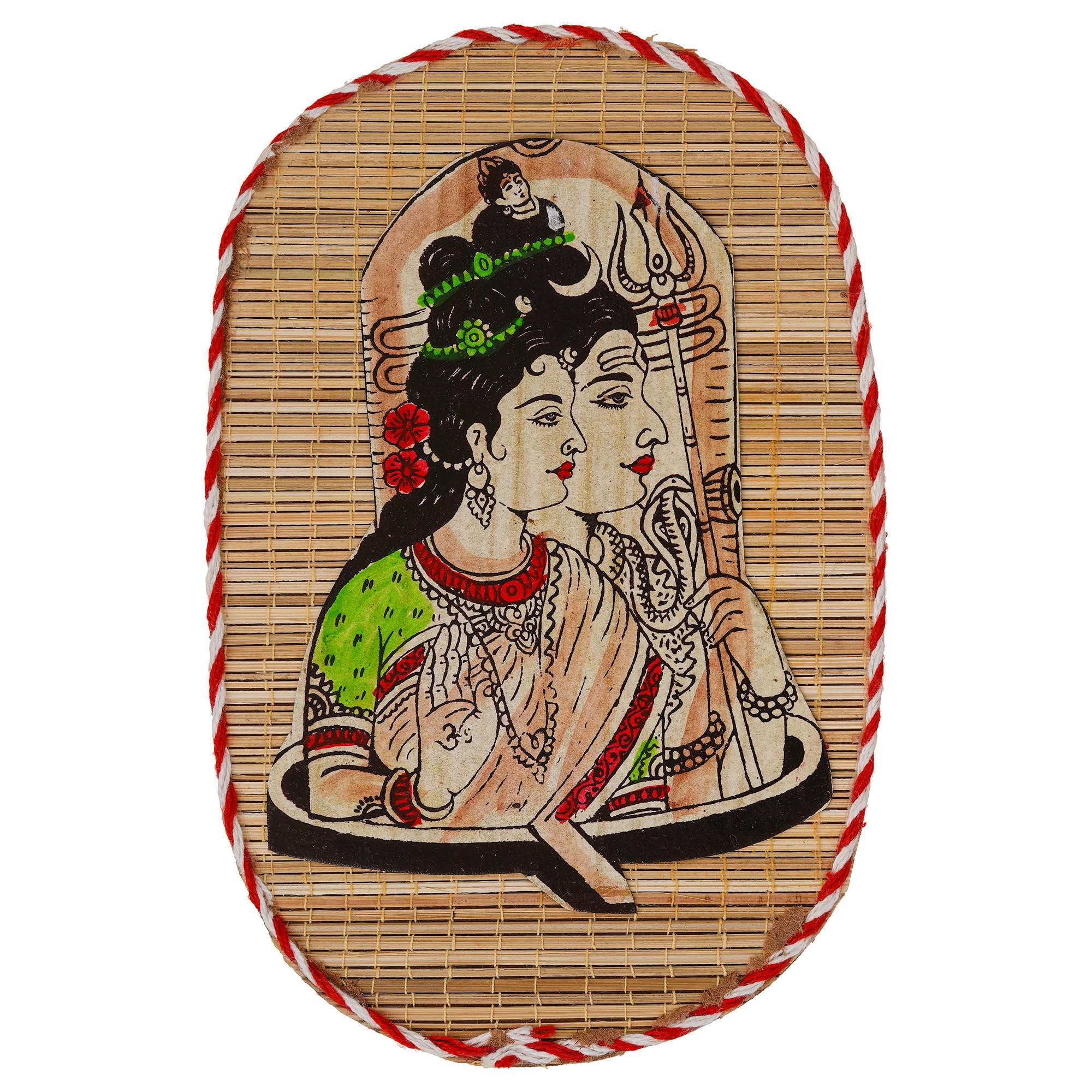 Oval Shaped Design Bamboo Hand Crafted Wall Hangings Of Shiv Sakti For Home Decor