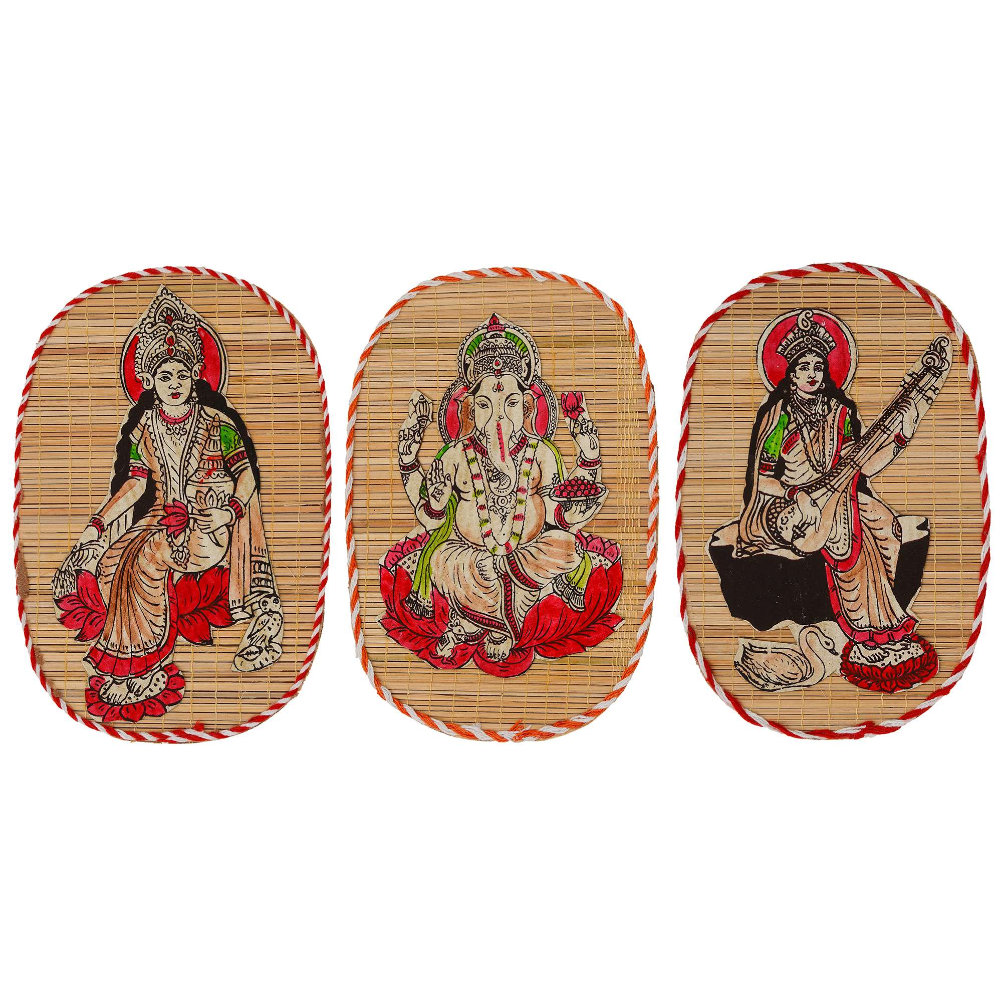 Bamboo Hand Crafted Wall Hangings Of The Trio Of  Ganesh Ji, Laxmi Ji And Sarwasti Ji Painting For Home Decor
