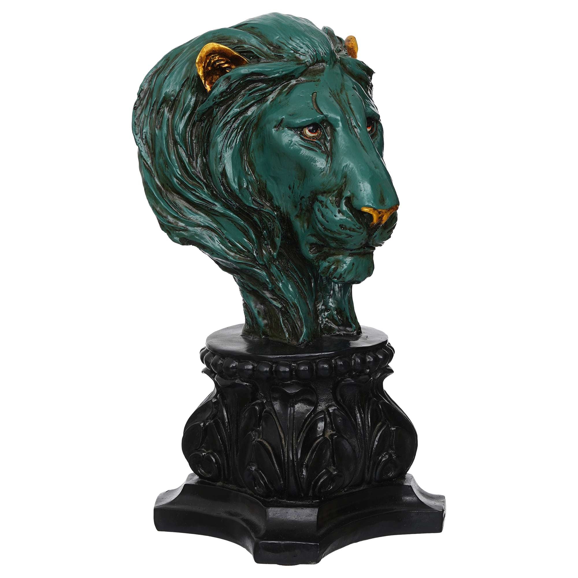 Handmade Lion Head Statue Stone Finish Animal Figurines Gifts Antique Design for Home Decoration (green)
