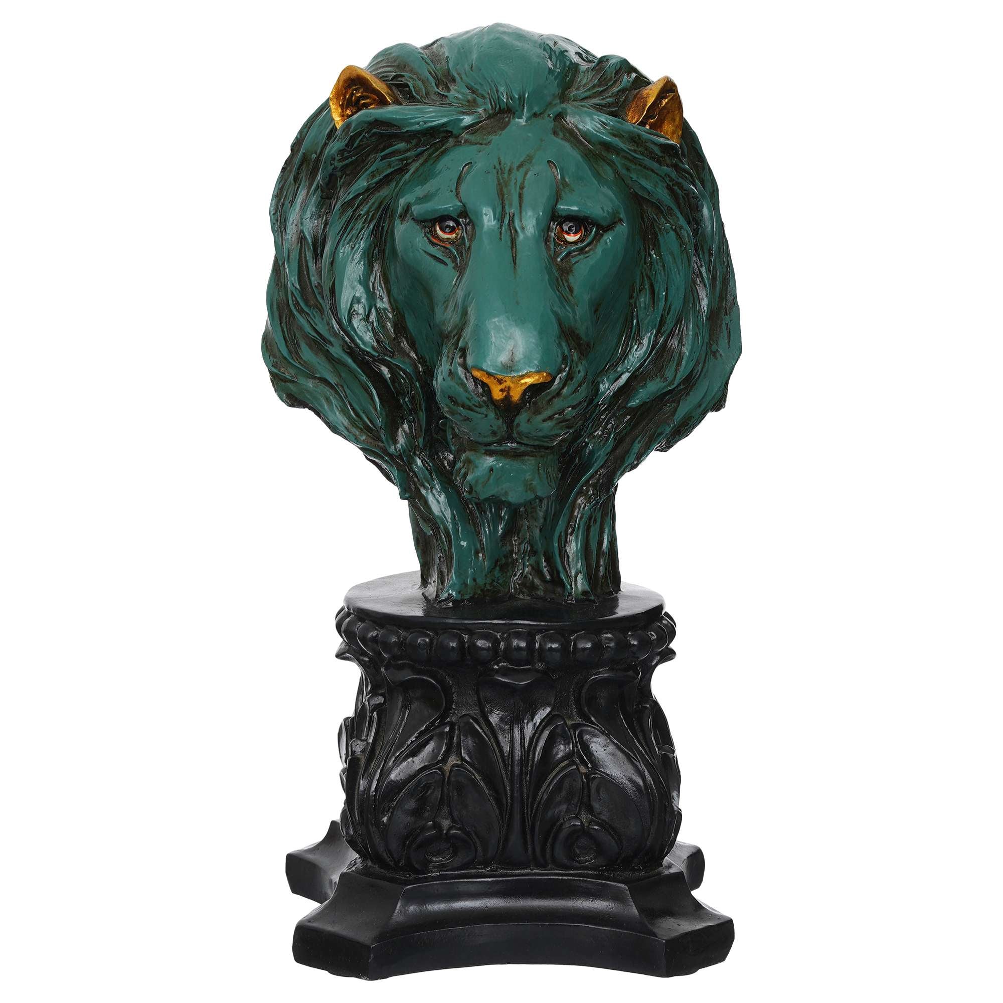 Handmade Lion Head Statue Stone Finish Animal Figurines Gifts Antique Design for Home Decoration (green)