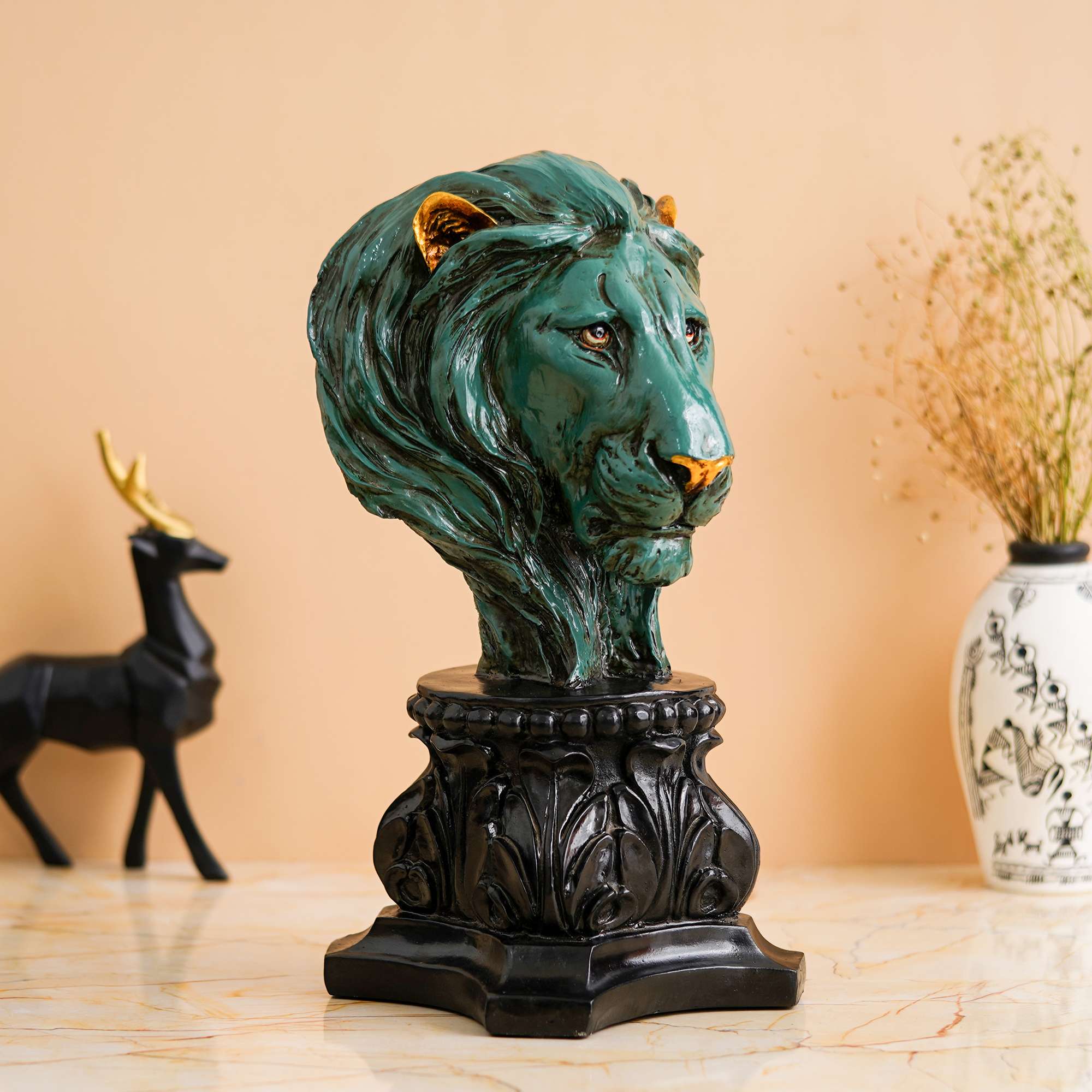 Handmade Lion Head Statue Stone Finish Animal Figurines Gifts Antique Design for Home Decoration (green)