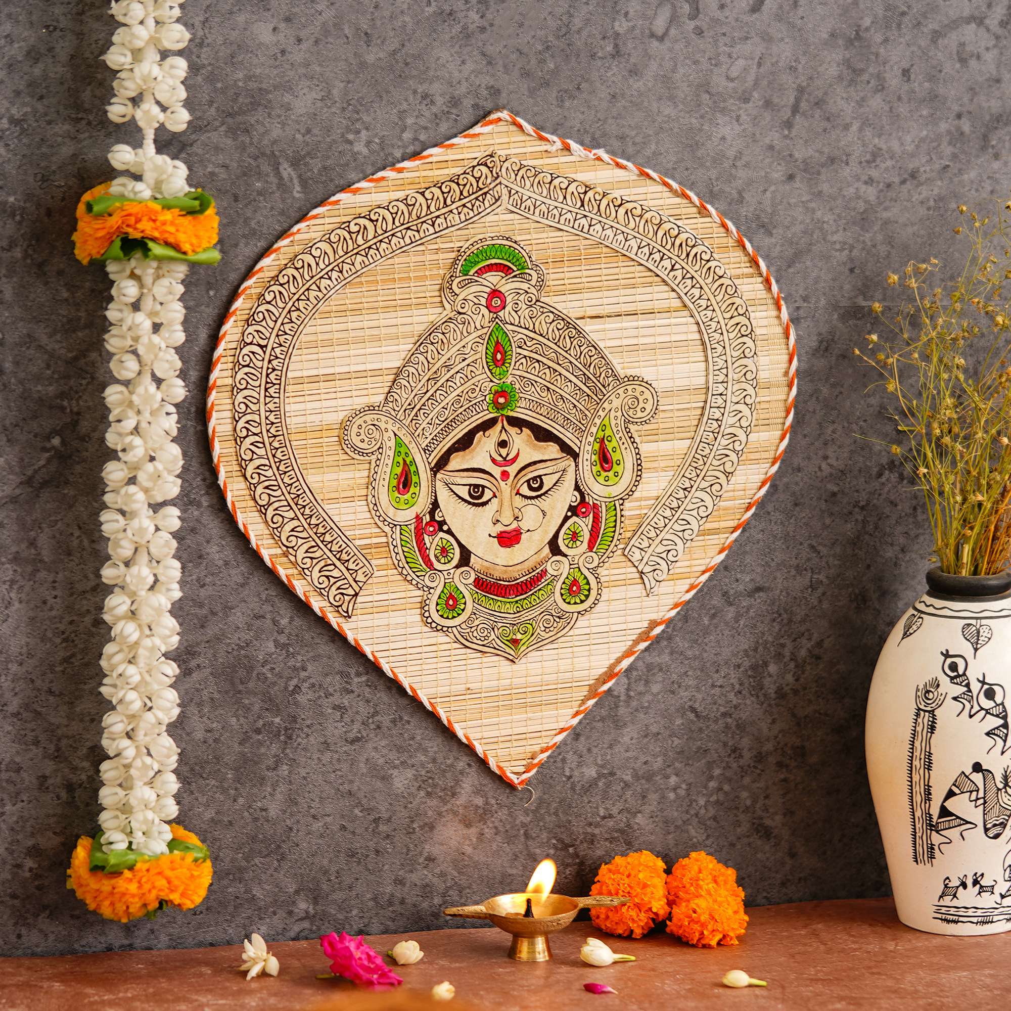 Bamboo Hand Crafted Leaf Design Wall Hangings Of Durga Ji For Home Decor | Bamboo Art For Wall Decor