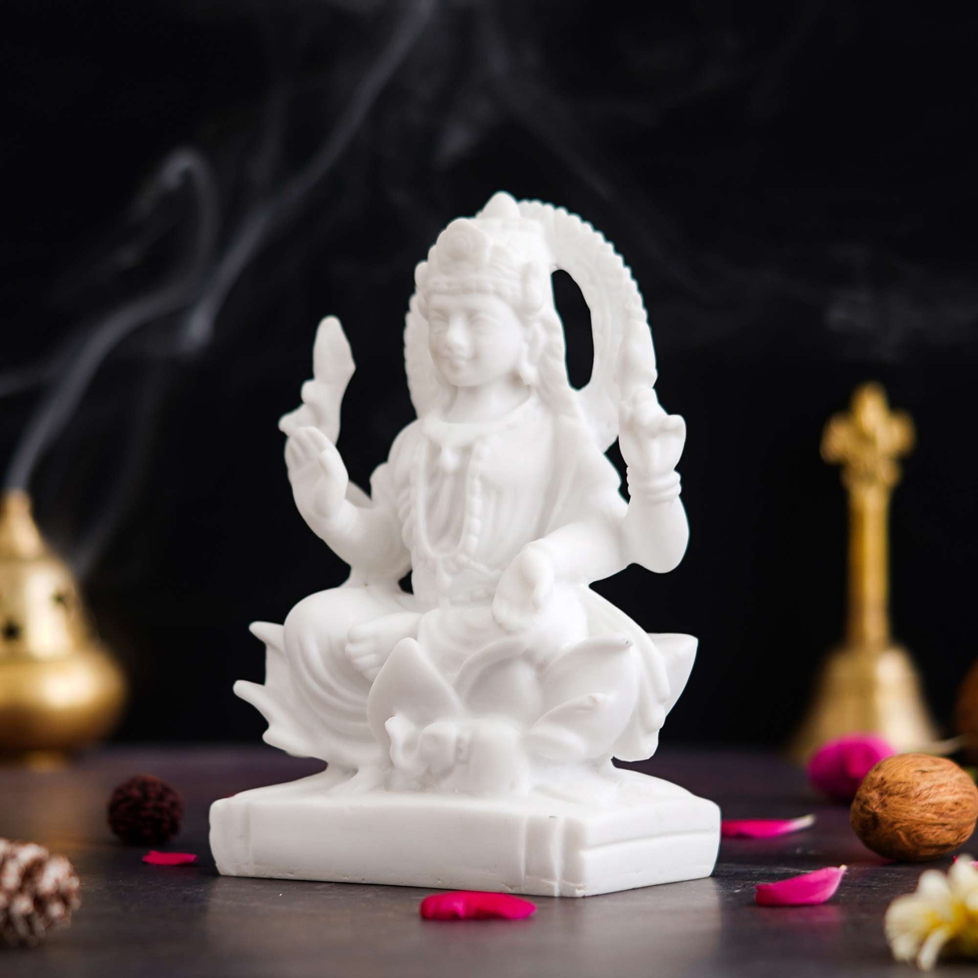 White Saraswati Idol - Maa Saraswati Statue, Genuine Saraswati Murti Small on Lotus with Veena - Handcrafted?