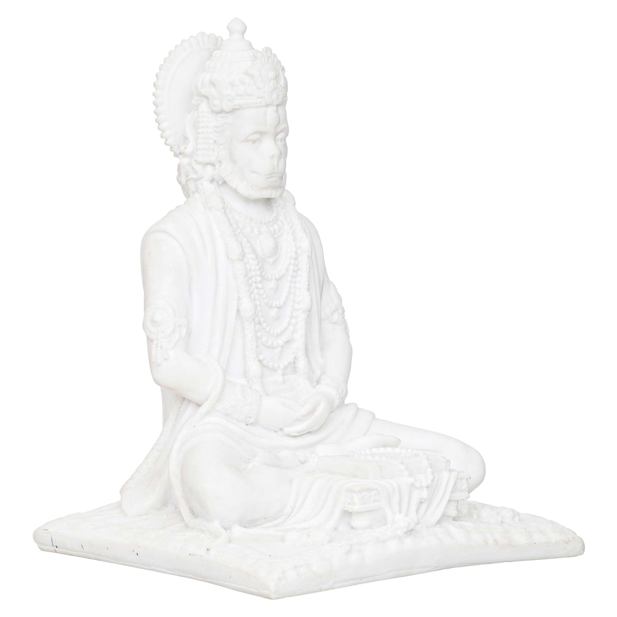 White Marble Lord Hanuman Sitting Statue with gada & Reading Book Decorative Showpiece