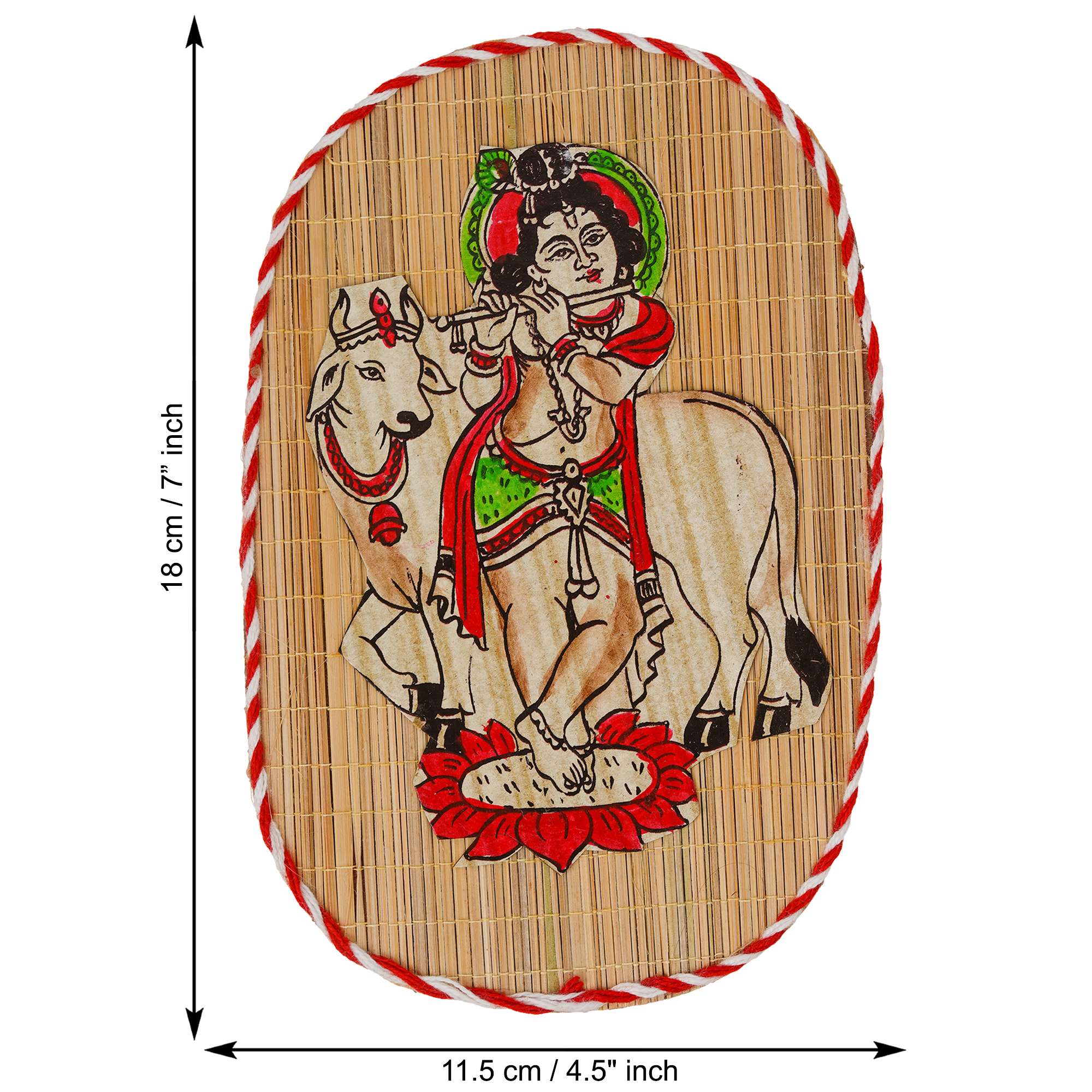 Oval Shaped Design Bamboo Hand Crafted Wall Hangings Of Bal Gopal With Holy Cow For Home Decor | Bamboo Art For Wall Decor