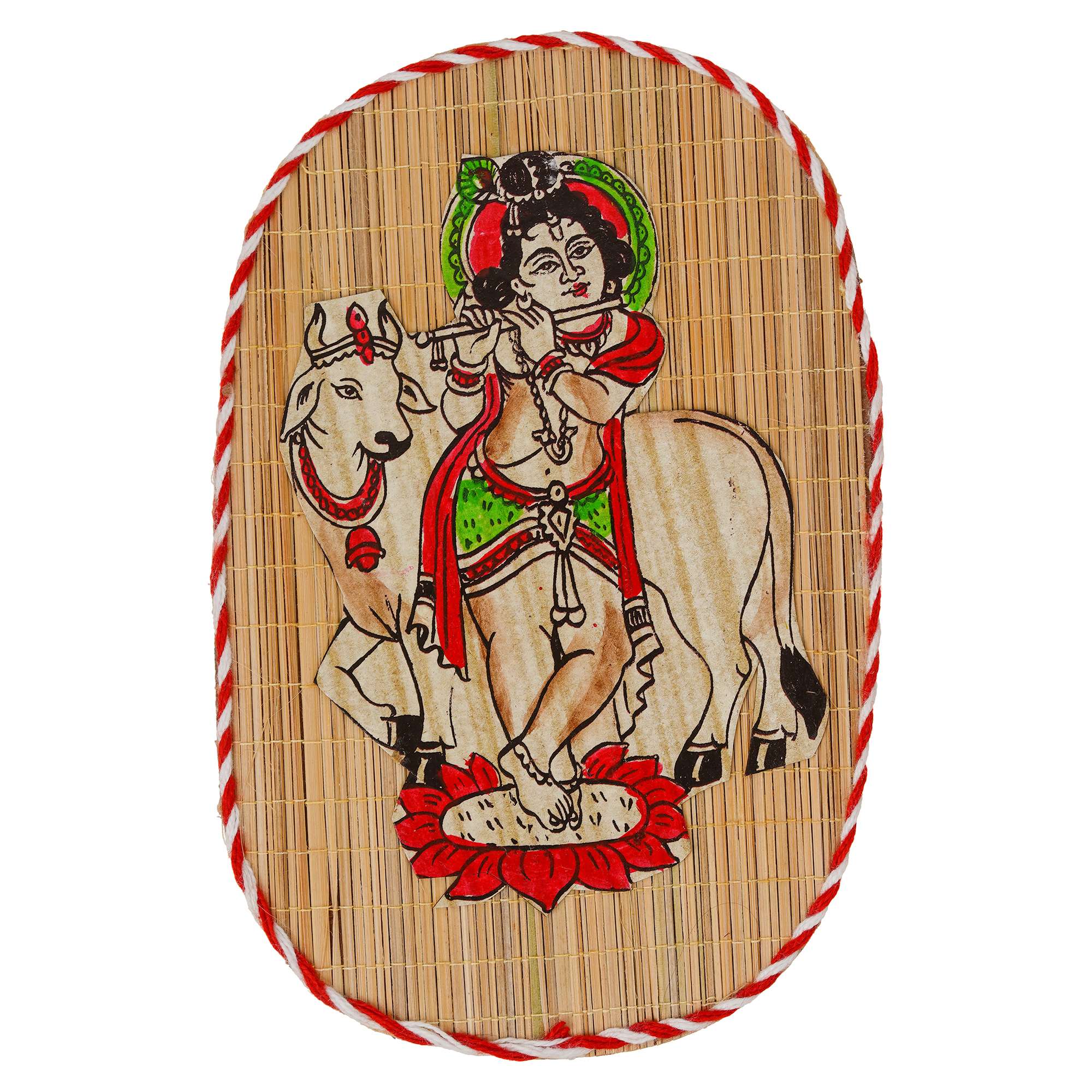 Oval Shaped Design Bamboo Hand Crafted Wall Hangings Of Bal Gopal With Holy Cow For Home Decor | Bamboo Art For Wall Decor
