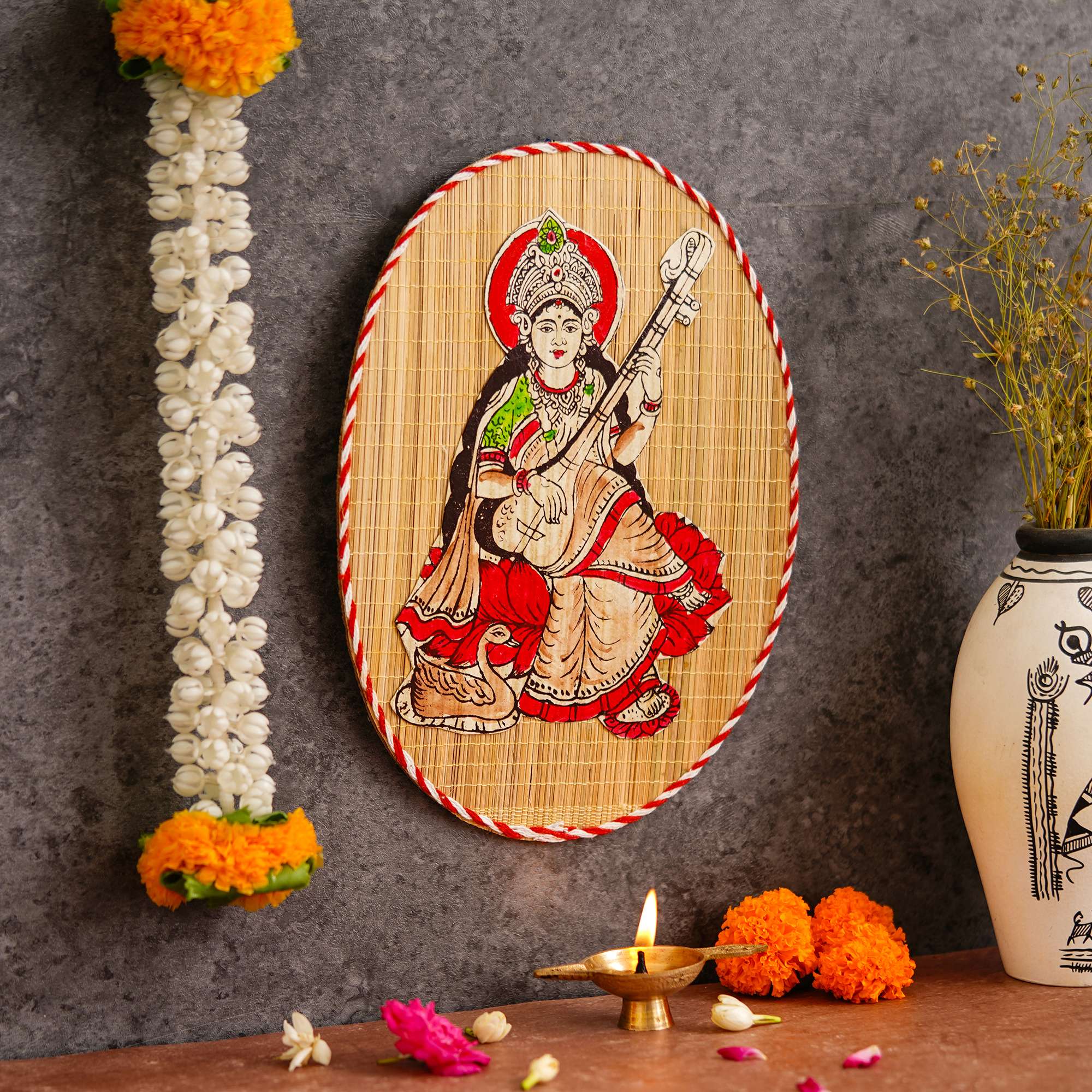 Oval Shaped Design Bamboo Hand Crafted Wall Hangings Of Godess Sarwasti Ji For Home Decor
