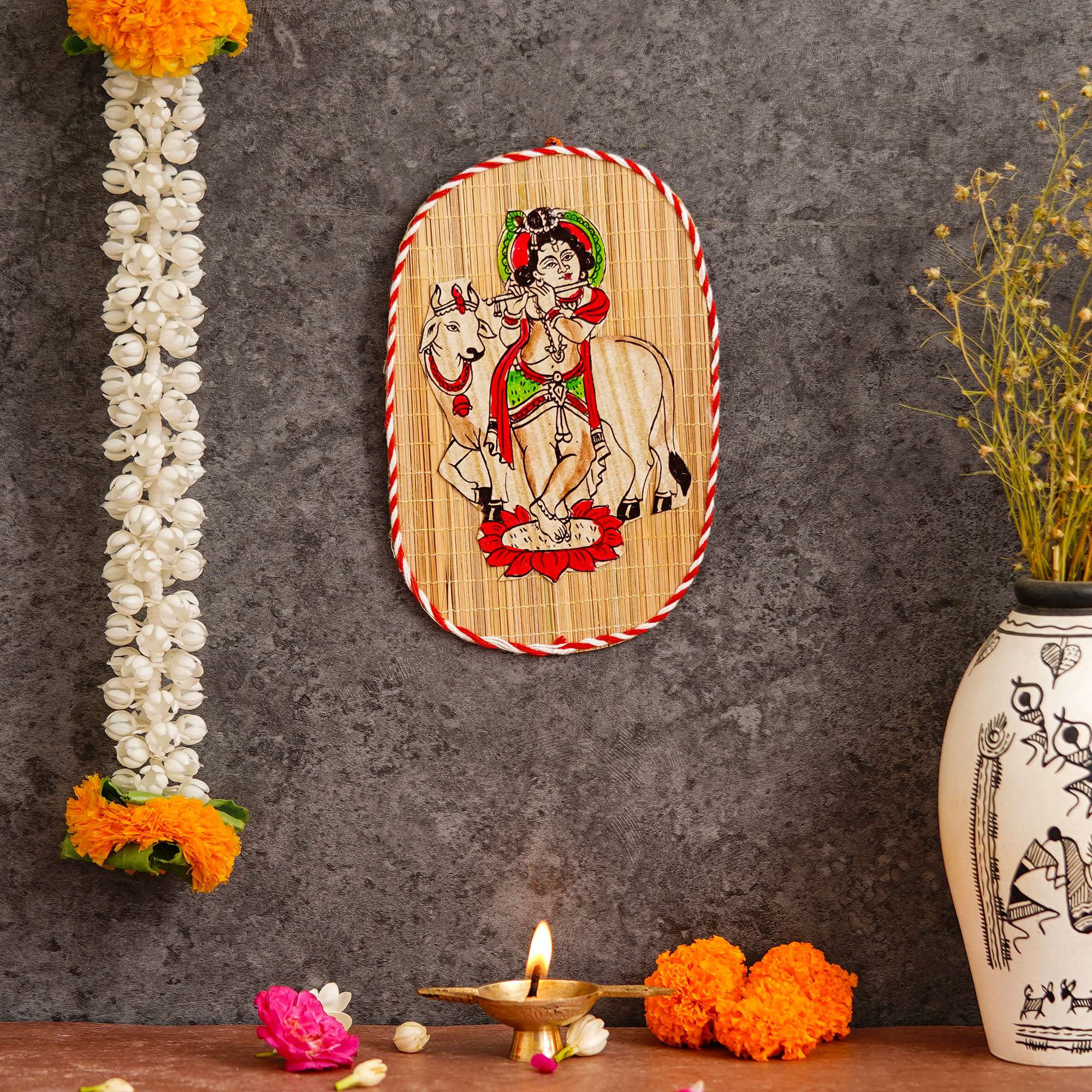 Oval Shaped Design Bamboo Hand Crafted Wall Hangings Of Bal Gopal With Holy Cow For Home Decor | Bamboo Art For Wall Decor