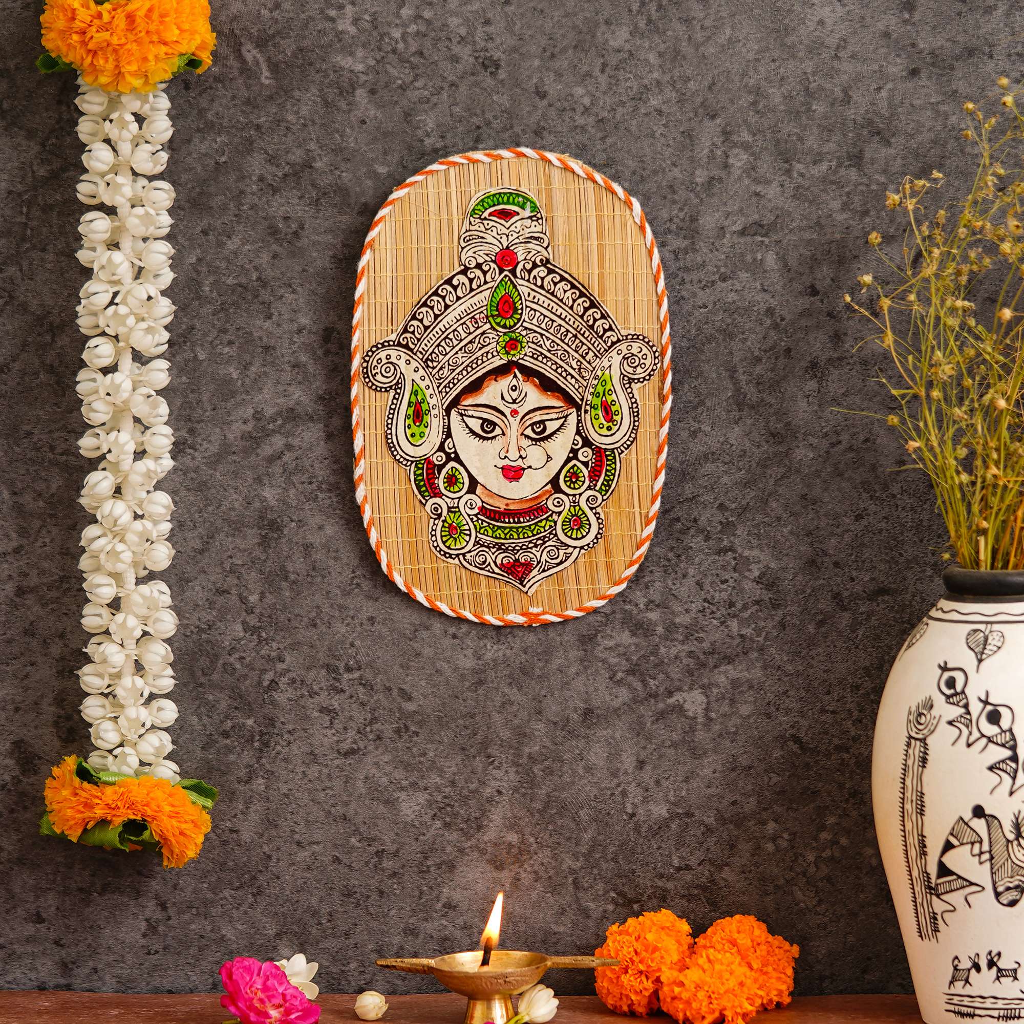 Oval Shaped Design Bamboo Hand Crafted Wall Hangings Durga Ji  For Home Decor | Bamboo Art For Wall Decor