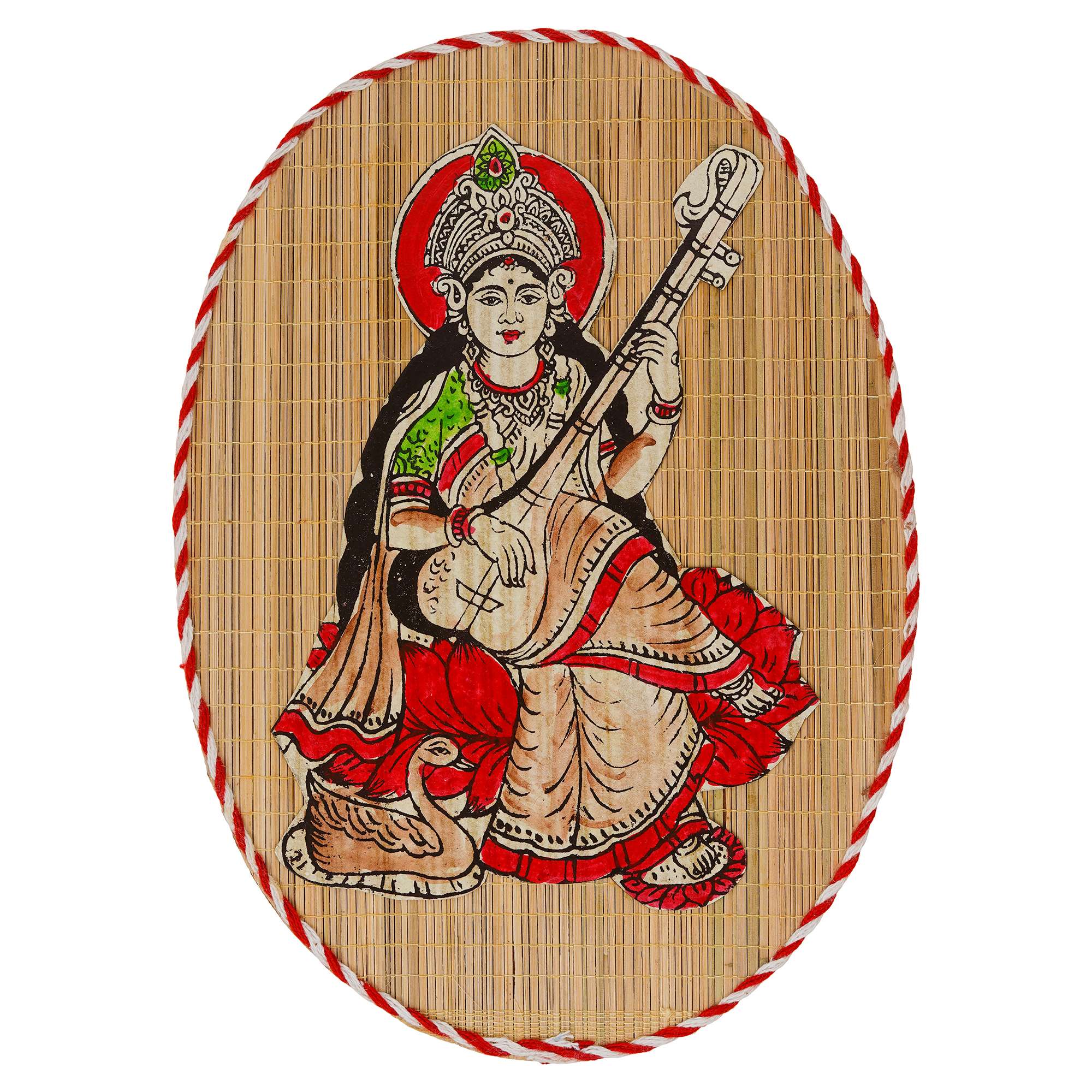 Oval Shaped Design Bamboo Hand Crafted Wall Hangings Of Godess Sarwasti Ji For Home Decor