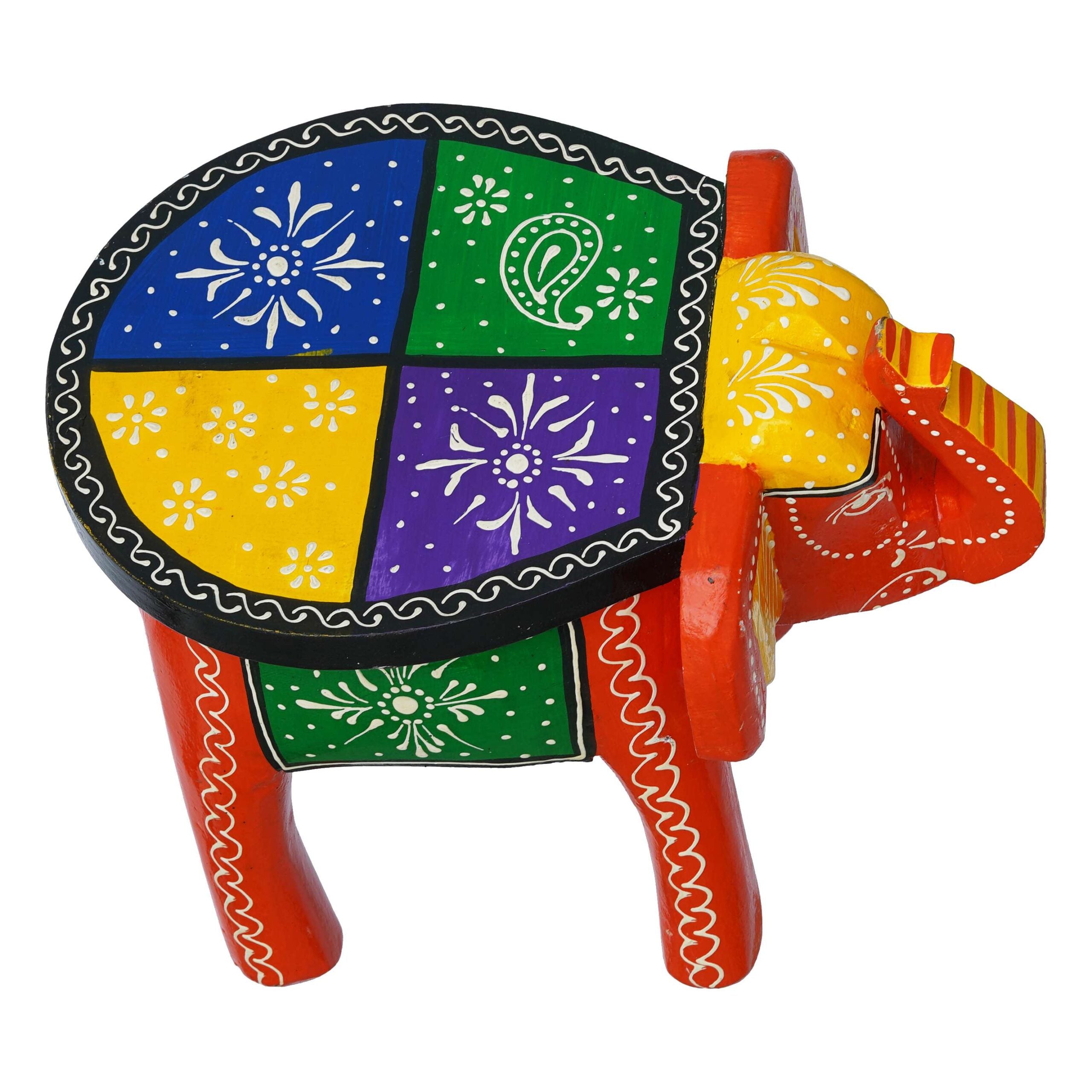 Handcrafted and Emboss Painted Colorful Wooden Elephant Shape Stool Table Clourfull