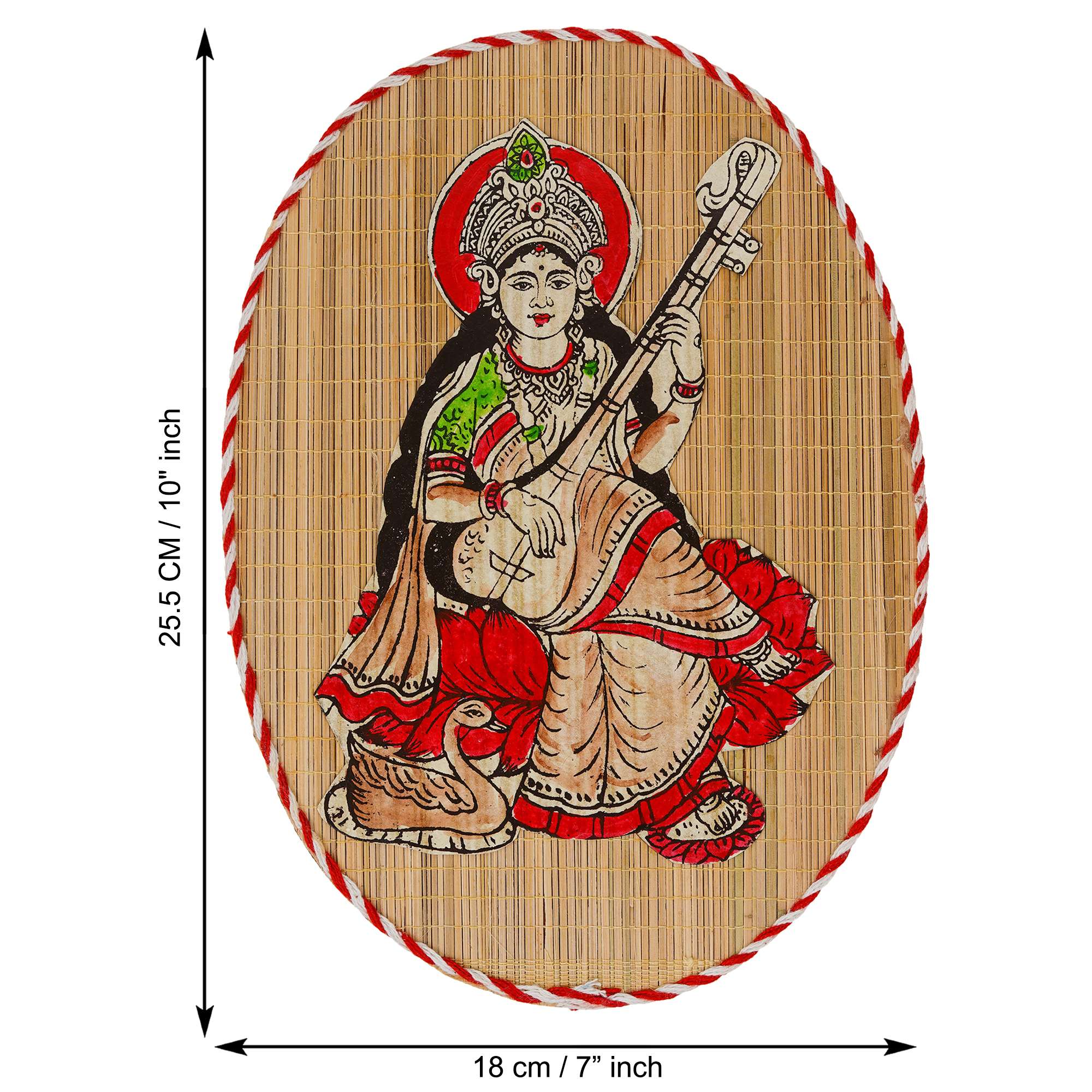 Oval Shaped Design Bamboo Hand Crafted Wall Hangings Of Godess Sarwasti Ji For Home Decor